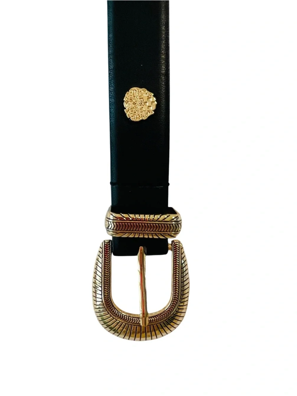 Vince Camuto Black Leather Belt with Textured Gold Buckle
